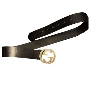 GUCCI Black Leather Belt with Gold GG Logo Buckle
